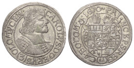 Neufürsten. Olmütz - Bistum. Karl II. von Liechtenstein (1664 - 1695).

 3 Kreuzer (Silber). 1670.
22 mm. 1,63 g. 

Suchomel/Videman 324.
 Fast ...