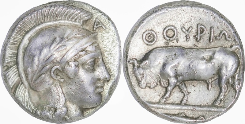 Greeck Coins
LUCANIA, Thourioi. Circa 443-400 BC. AR Stater 7.91 g. Head of Ath...