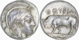Greeck Coins
LUCANIA, Thourioi. Circa 443-400 BC. AR Stater 7.91 g. Head of Athena right, wearing crested Attic helmet decorated with a laurel wreath...