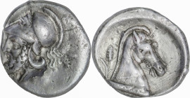Roman Republic
Anonymous, Neapolis, c. 310-300 BC. Didrachm AR 6.94g. Helmeted head of Mars l.; oak-spray behind. VER. Horse's head r., wearing bridle...