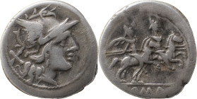 Roman Republican
Anonymous. Denarius. 200-190 BC. South of Italy. Ag. 3,52 g. Anv.: Head of Roma right, X behind. Rev.: The Dioscuri riding right, sta...