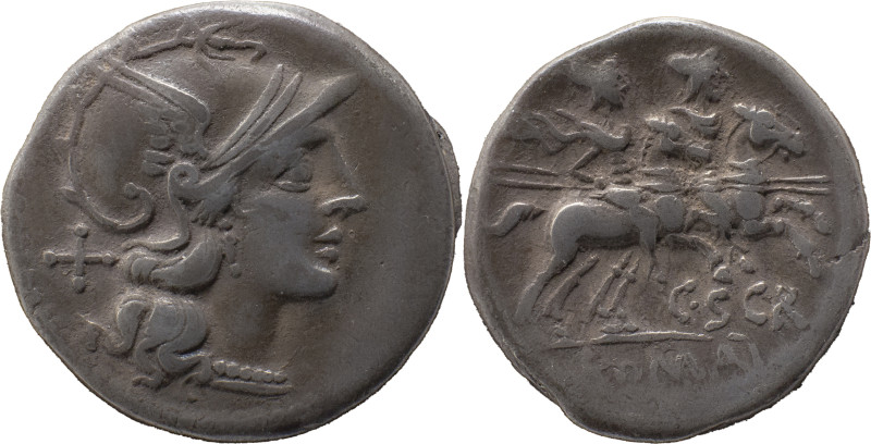 Roman Republican
C. Scribonius AR Denarius, 3,70g. Rome, 154 BC. Helmeted head o...