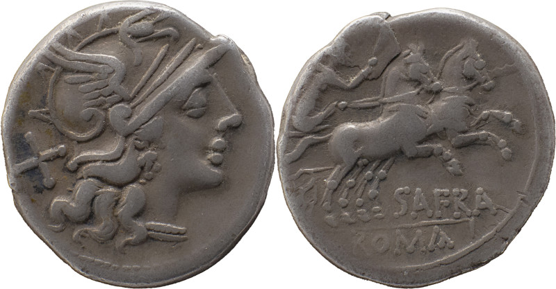 Roman Republic
Spurius Afranius AR Denarius, 3,76g. Rome, 150 BC. Helmeted head ...