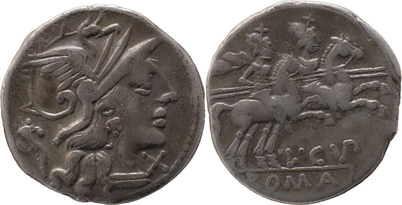 Roman Republic
L. Cupiennius AR Denarius, 3,42g Rome, 147 BC. Helmeted head of R...