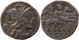 Roman Republic
L. Cupiennius AR Denarius, 3,42g Rome, 147 BC. Helmeted head of Roma to right; cornucopiae behind, X below chin. Rev The Dioscuri, each...
