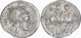Roman Republic
C. Antestius AR Denarius, 3,75g. Rome, 146 BC. Helmeted head of Roma right; C•ANTESTI (ligate) upwards behind, X below chin, Rev The D...