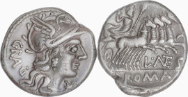 Roman Republic
L. Antestius Gragulus AR Denarius, 3,73 Rome, 136 BC. Helmeted head of Roma to right; XVI monogram before, GRAG behind. Rev Jupiter in...