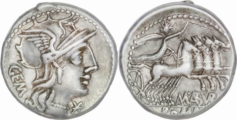Roman Republic
M. Aburius M. f. Geminus AR Denarius. 3,94g Rome, 132 BC. Helmet...