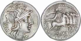 Roman Republic
M. Aburius M. f. Geminus AR Denarius. 3,94g Rome, 132 BC. Helmeted head of Roma to right; GEM behind; XVI monogram below chin. Rev Sol...