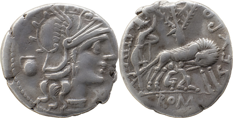 Roman Republic
M. Vargunteius AR Denarius, 3,75g. Rome 130 BC. Helmeted head of ...