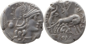 Roman Republic
M. Vargunteius AR Denarius, 3,75g. Rome 130 BC. Helmeted head of Roma to right; mark of value below chin, M•VARG (partially ligate) dow...