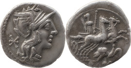 Roman Republic
L. Caecilius Metellus Diadematus AR Denarius, 3,06g Rome, 128 BC. Helmeted head of Roma to right; monogram behind. Rev Pax driving gall...
