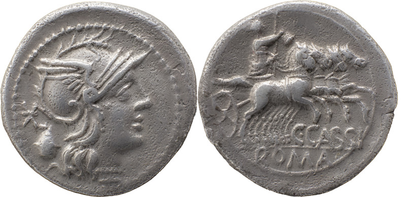 Roman Republic
C. Cassius AR Denarius, 3,77g. Rome, 126 BC. Helmeted head of Rom...