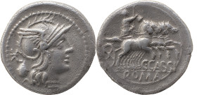 Roman Republic
C. Cassius AR Denarius, 3,77g. Rome, 126 BC. Helmeted head of Roma to right; XVI monogram and urn behind Rev Libertas driving quadriga ...