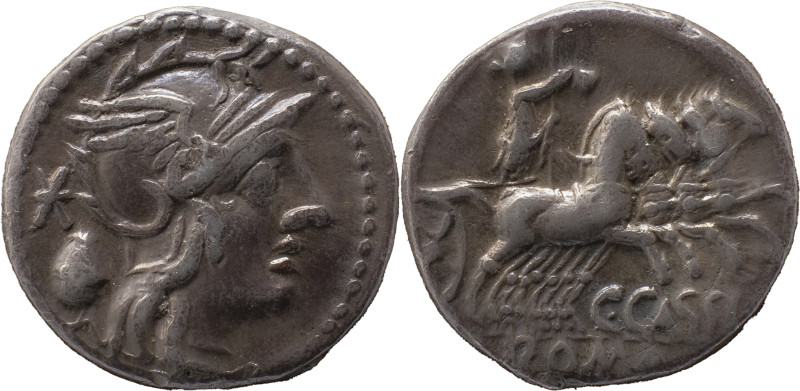 Roman Republic
C. Cassius AR Denarius, 3,93g Rome, 126 BC. Helmeted head of Rom...