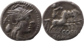 Roman Republic
C. Cassius AR Denarius, 3,93g Rome, 126 BC. Helmeted head of Roma to right; Monogram and urn behind. Rev Libertas driving quadriga to ...