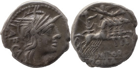 Roman Republic
M. Porcius Laeca AR Denarius, 3,82g. Rome, 125 BC. Helmeted head of Roma to right; LAECA behind, X Rev Libertas, holding pileus, drivin...