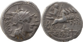 Roman Republic
Q. Fabius Labeo AR Denarius, 3,85g. Rome, 124 BC. Helmeted head of Roma to right; X below chin, ROMA behind, LABEO before. Rev Jupiter ...