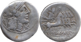 Roman Republican
Papirius. Marcius Papirius Carbo. AR Denarius, 3,94g. Auxiliary mint of Rome, 121 BC. Anv.: Head of Roma right, X below chin, laurel-...