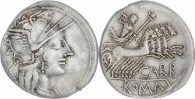 Roman Republican
Papirius. Papirius Carbo. AR Denarius, 3,81g. Auxiliary mint of Rome, 122 BC. Anv.: Head of Roma right, X behind. Rev.: Jupiter in q...
