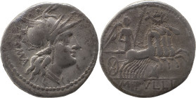 Roman Republic
M. Tullius AR Denarius, 3,72g. Rome, 119 BC. Helmeted head of Roma to right; ROMA downwards behind Rev Victory driving quadriga to righ...