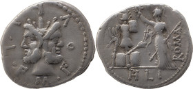 Roman Republic
M. Furius L. f. Philus AR Denarius, 3,85g. Rome, 119 BC. Laureate head of Janus; M•FOVRI•L•F around Rev Roma standing to left, holding ...