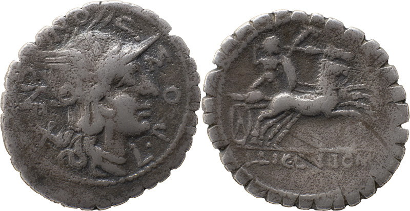 Roman Republic
L. Pomponius Cn. f. AR Denarius, 3,33g. Narbo mint, 118 BC. L•POM...