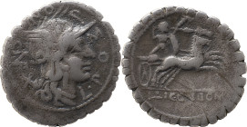 Roman Republic
L. Pomponius Cn. f. AR Denarius, 3,33g. Narbo mint, 118 BC. L•POMPONI•CNF, head of Roma right, wearing winged helmet; X behind. Rev Nak...