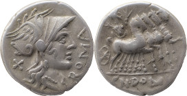 Roman Republic
Cn. Domitius Ahenobarbus AR Denarius, 3,90g. Rome, 116-115 BC. Helmeted head of Roma right, curl on left shoulder; X behind; ROMA befor...