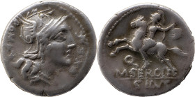 Roman Republic
M. Sergius Silus AR Denarius, 3,74g. Rome, 116-115 BC. Helmeted head of Roma to right; EX•S•C before, ROMA and mark of value behind Rev...