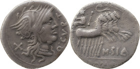 Roman Republic
Q. Curtius and M. Sergius Silus AR Denarius, 3,72 Rome, 116-115 BC. Helmeted head of Roma to right; X behind, Q•CVRT upwards before Re...