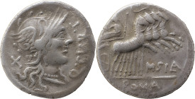Roman Republic
Q. Curtius and M. Sergius Silus AR Denarius, 3,80g. Rome, 116-115 BC. Helmeted head of Roma to right; X behind, Q•CVRT upwards before R...