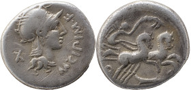 Roman Republic
M. Cipius AR Denarius, 3,74g. Rome, 115-114 BC. Helmeted head of Roma to right; M•CIPI•M•F before, X (mark of value) behind Rev Victory...