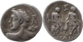Roman Republic
L. Caesius AR Denarius., 3,68g Rome, 112-111 BC. Bust of Veiovis to left, seen from behind, hurling thunderbolt; Roma monogram behind. ...