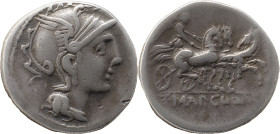 Roman Republic
T. Manlius Mancinus, Appius Claudius Pulcher, and Q. Urbinus AR Denarius, 3,85g. Rome, 111-110 BC. Helmeted head of Roma to right; quad...