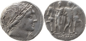 Roman Republic
L. Memmius AR Denarius, 3,70g. Rome, 109-108 BC. Male head to right (Apollo?), wearing oak wreath; mark of value before. Rev The Dioscu...