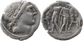 Roman Republic
L. Memmius AR Denarius, 3,75g. Rome, 109-108 BC. Male head to right (Apollo?), wearing oak wreath; mark of value before. Rev The Dioscu...