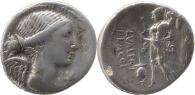 Roman Republic
L. Valerius Flaccus AR Denarius, 3,72. Rome, 108-107 BC. Draped bust of Victory right; below chin, XVI monogram. Rev Mars advancing lef...