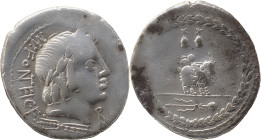 Roman Republic
Mn. Fonteius C. f. AR Denarius, 3,57g. Rome, 85 BC. Laureate head of Apollo Veiovis to right, thunderbolt below; MN•FONTEI•C•F (partial...