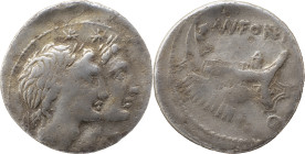 Roman Republic
Mn. Fonteius AR Denarius, 3,50g. Rome, 108-107 BC. Laureate and jugate heads of the Dioscuri to right; XVI monogram (mark of value) bef...