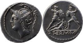 Roman Republic
Q. Minucius Thermus M. f. AR Denarius, 3,90g. Rome, 103 BC. Helmeted head of Mars to left. Rev Two warriors in combat, one on left prot...