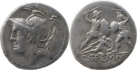 Roman Republic
Q. Minucius Thermus M. f. AR Denarius, 3,51g. Rome, 103 BC. Helmeted head of Mars to left. Rev Two warriors in combat, one on left prot...