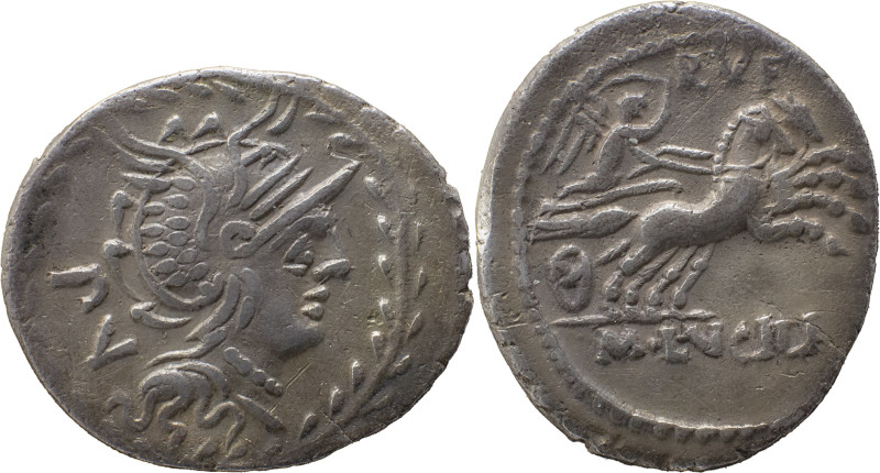 Roman Republic
M. Lucilius Rufus AR Denarius, 3,72g. Rome, 101 BC. Helmeted head...