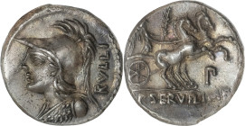 Roman Republic
P. Servilius Rullus AR Denarius, 3,94g Rome, 100 BC. Cuirassed bust of Minerva left, wearing crested Corinthian helmet; RVLLI upwards b...