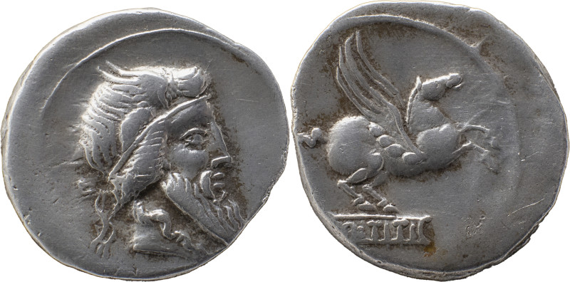 ROMAN REPUBLIC
Q. Titius AR Denarius, 4,08g. Rome, 90 BC. Bearded head of Mutinu...