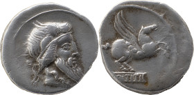 ROMAN REPUBLIC
Q. Titius AR Denarius, 4,08g. Rome, 90 BC. Bearded head of Mutinus Titinus right, wearing winged diadem, lock of hair falling down neck...