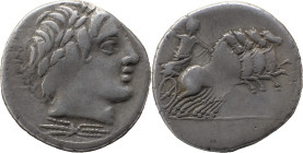 Roman Republic
Anonymous Issues - Quadriga Denarius, 3,72. 86 BC. Rome mint. Obv: laureate head of Apollo right, thunderbolt below. Rev: Jupiter in qu...