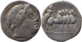 Roman Republic
Anonymous Issues - Quadriga Denarius, 3,85. 86 BC. Rome mint. Obv: laureate head of Apollo right, thunderbolt below. Rev: Jupiter in qu...