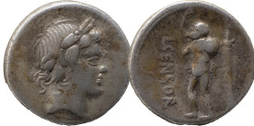Roman Republic
L. Marcius Censorinus. Denarius, AR 4.06 g. Laureate head of Apollo r. Rev. L·CENSOR Marsyas walking l. with r. arm raised and holding ...