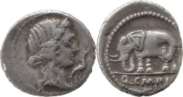Roman Republic
Q. Caecilius Metellus Pius AR Denarius, 3,85g. Spanish mint, 77-76 BC. Diademed bust of Pietas right; stork before. Rev Elephant left; ...